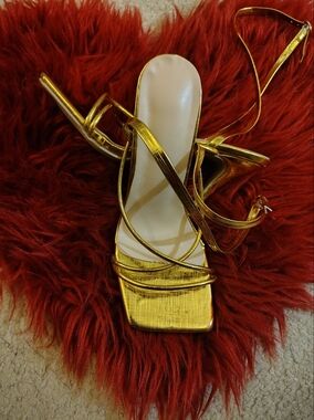 Gold Strappy High Heel Sandals - Women's Elegant Evening Shoes